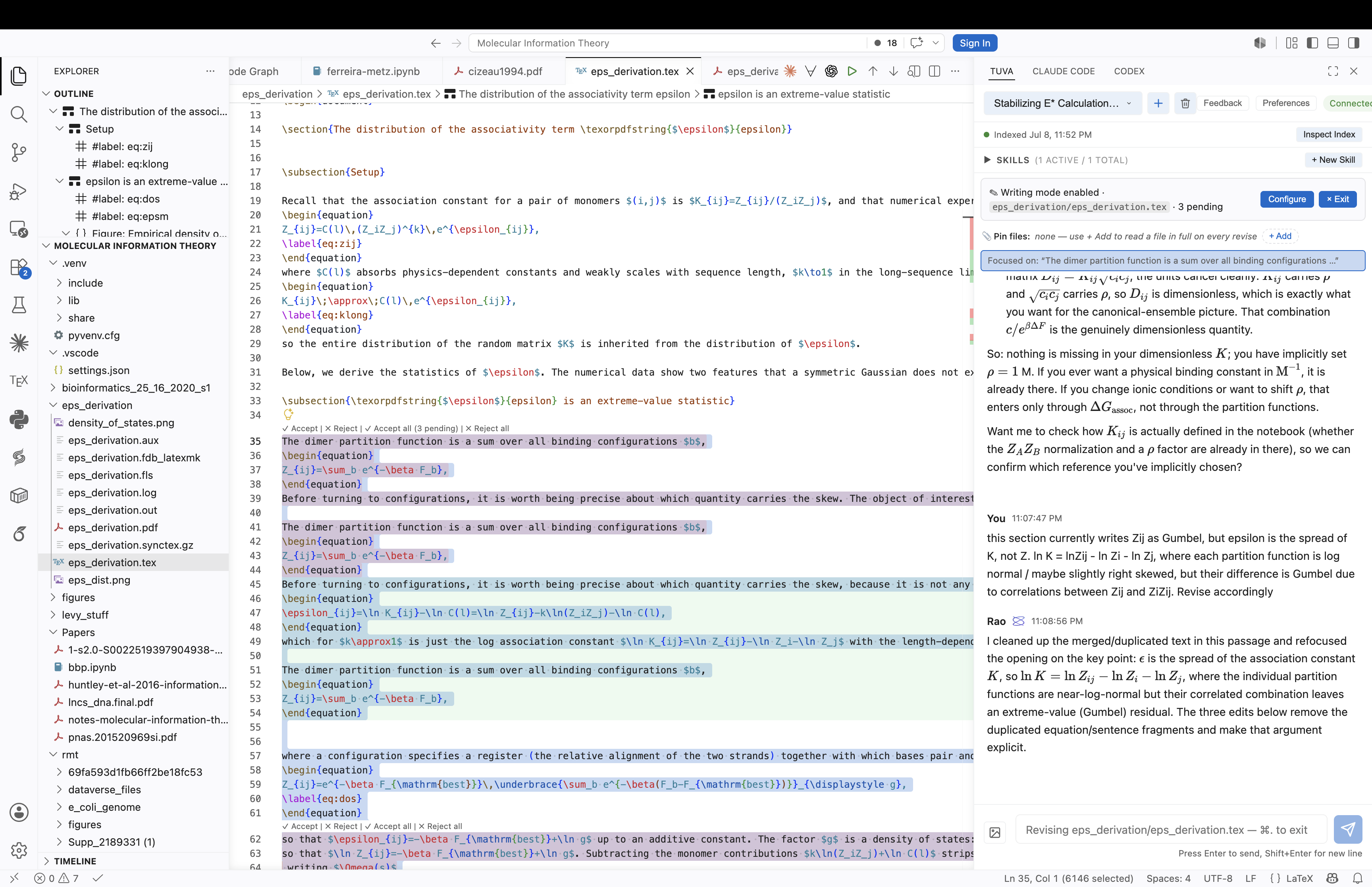 Rao drafting and revising a LaTeX derivation grounded in the project